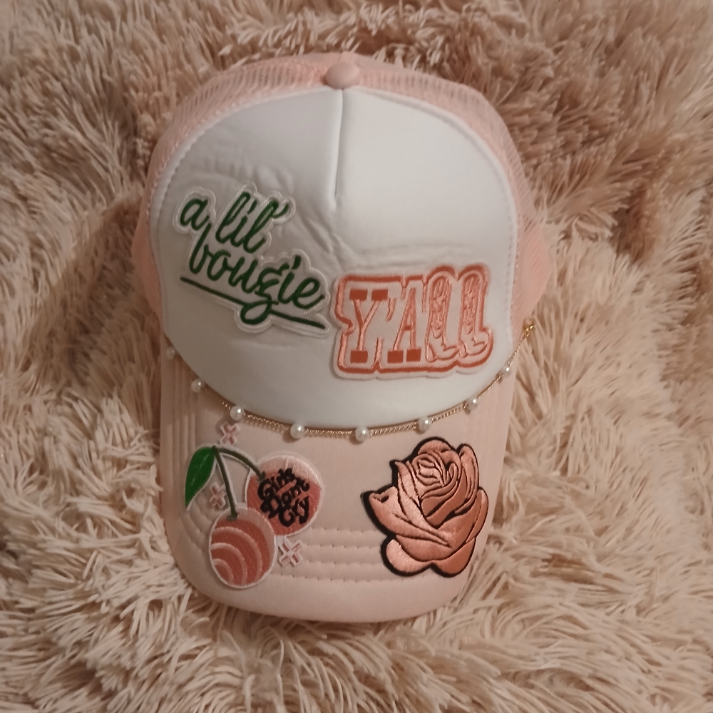 Chic Pink and White Embroidered Cap